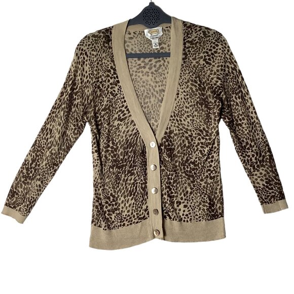Talbots Cashmere Blend Animal Leopard Print Cardigan Sweater Women Small Brown - Picture 1 of 7